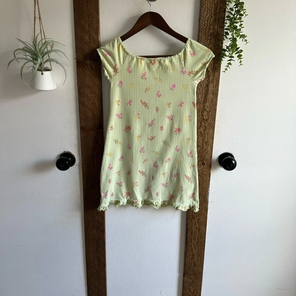 Vintage Gymboree Girl’s Peasant Front Floral Green Dress Pink Accents Size 6